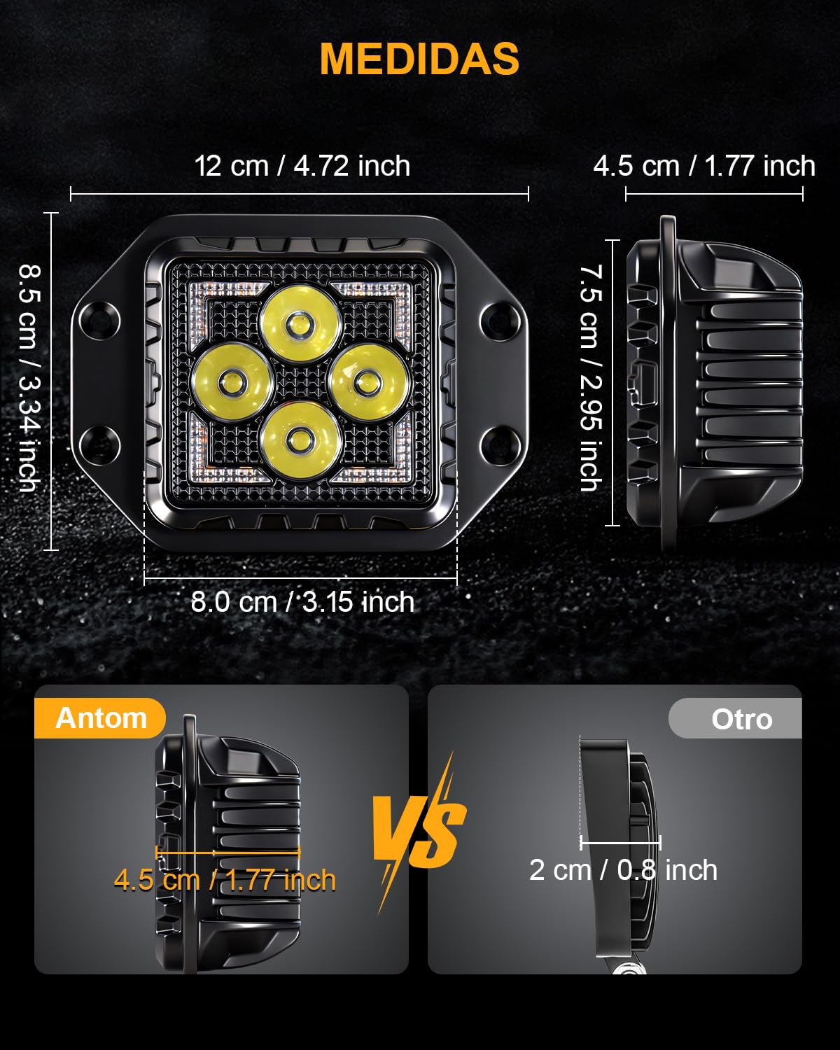 Reflektor roboczy LED 12V/24V z homologacją ECE, biały/żółty z funkcją migania, światło cofania/dodatkowe światło IP68, 4-punktowy montaż śrubowy do ciągnika, koparki, ciężarówki, rolnictwa i off-road