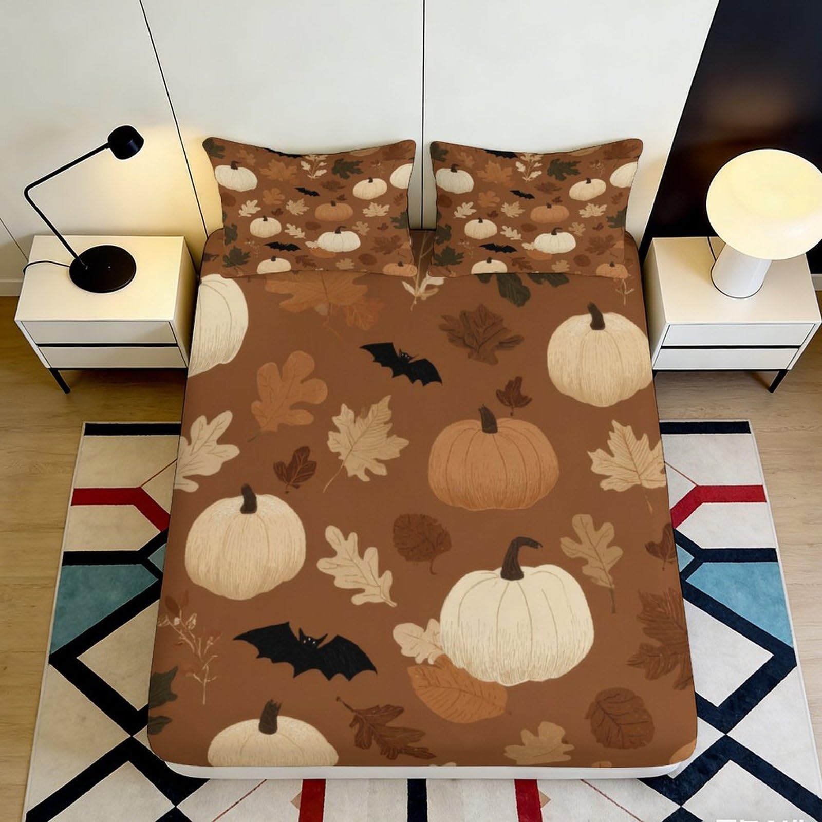 Pnayamiorkfel Style-9 3D Printed Pumpkin Leaf Fitted Sheet Microfiber Soft Autumn Bat Mattress Cover For Bedroom Dorm Guest Room Decor 90X200x25cm