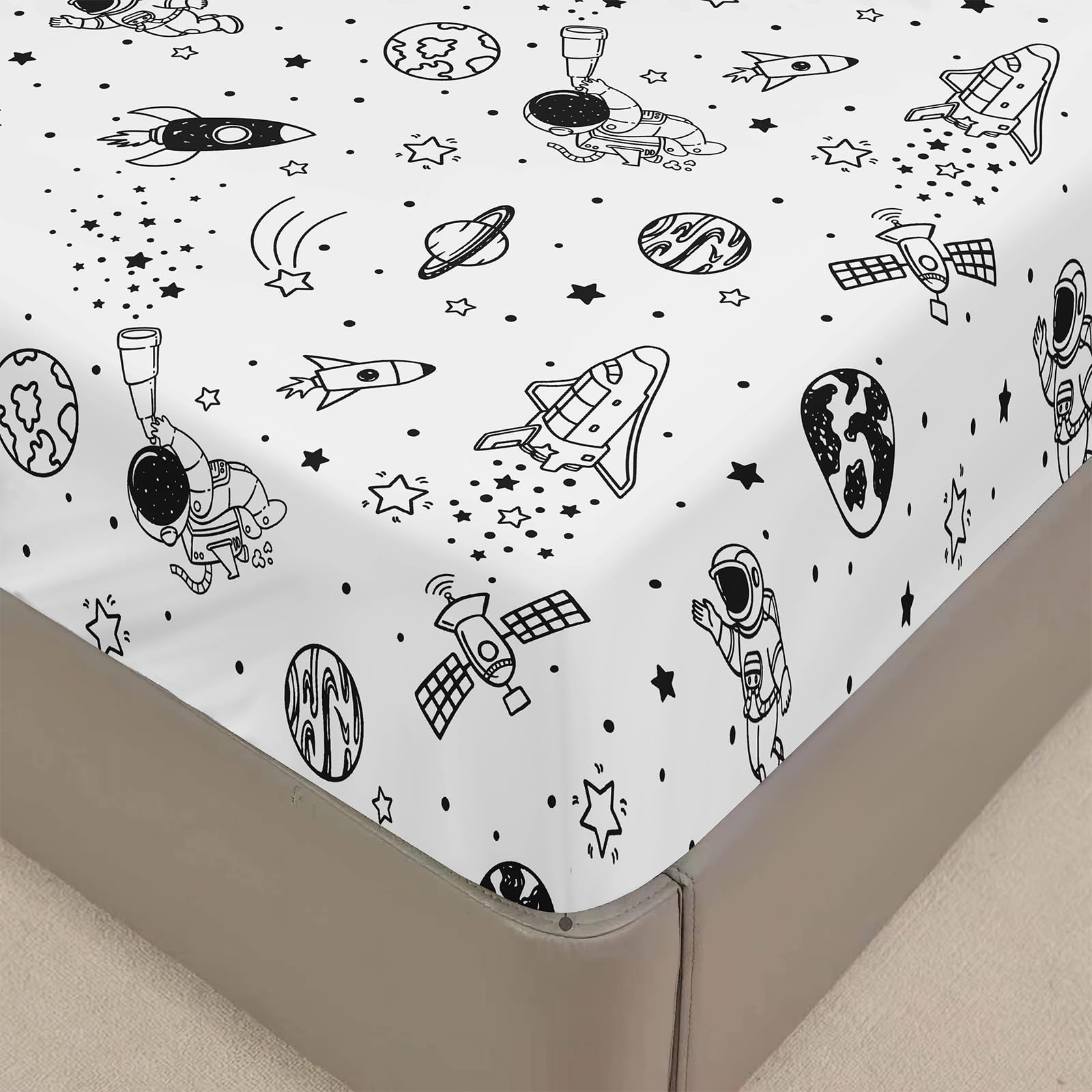 Surwin Single Fitted Sheet Astronauts Print Fitted Bed Sheets, Soft Brushed Microfiber Fitted Sheets, 30cm Deep Pocket, Easy Care Fade Resistant, Universe Bedsheets