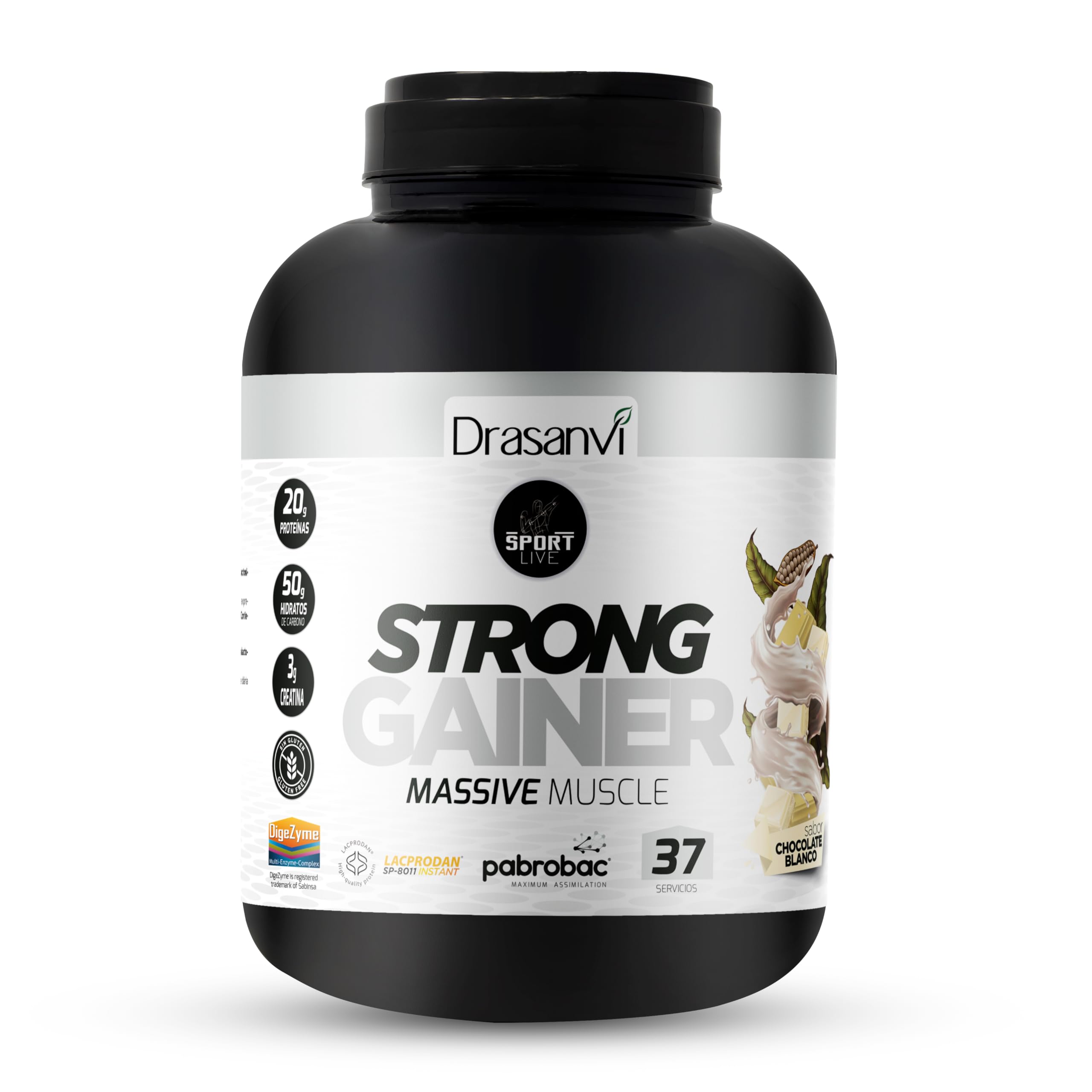 Weight Gainer Sabor Chocolate Blanco 3kg Sport Live Drasanvi Gym Fitness | Combinacion de Proteinas e Hidratos de Carbono para Ayudar a Ganar Peso y Masa Muscular, Facil de Mezclar, Sport Live