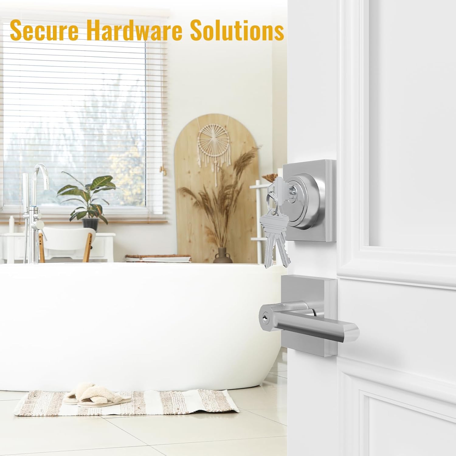 HOSOM Entrance Door Lock Set with Single Cylinder Deadbolts, Satin Nickel Heavy Duty Modern Sleek Square Door Handle with Lock & Keys on Both Sides, Keyed Alike