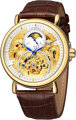 FORSINING Men Automatic Watches Tourbillon Skeleton Watch Moon Phase Wrist Watch White and Gold
