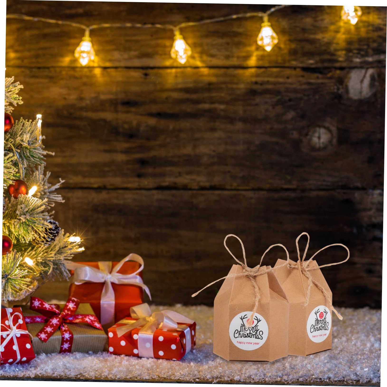 SOESFOUFU 50pcs Christmas Storage Boxes Hexagonal Candy Present Boxes Stickers Twine for Wrapping Snacks and Treats for Holiday Gatherings and Events