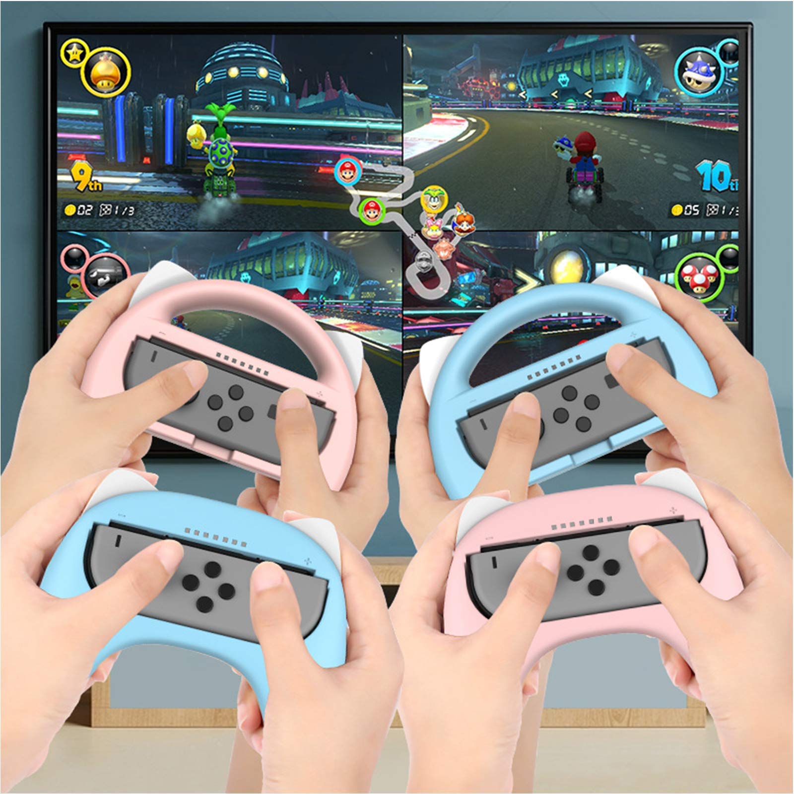 RajoNN Volanti con Impugnatura e Interruttore per Controller Joy-con per Nintendo Switch, Impugnatura Joy-con per Gioco Mario Kart/Kit di Accessori per Nintendo Switch (4 Confezioni Deluxe),