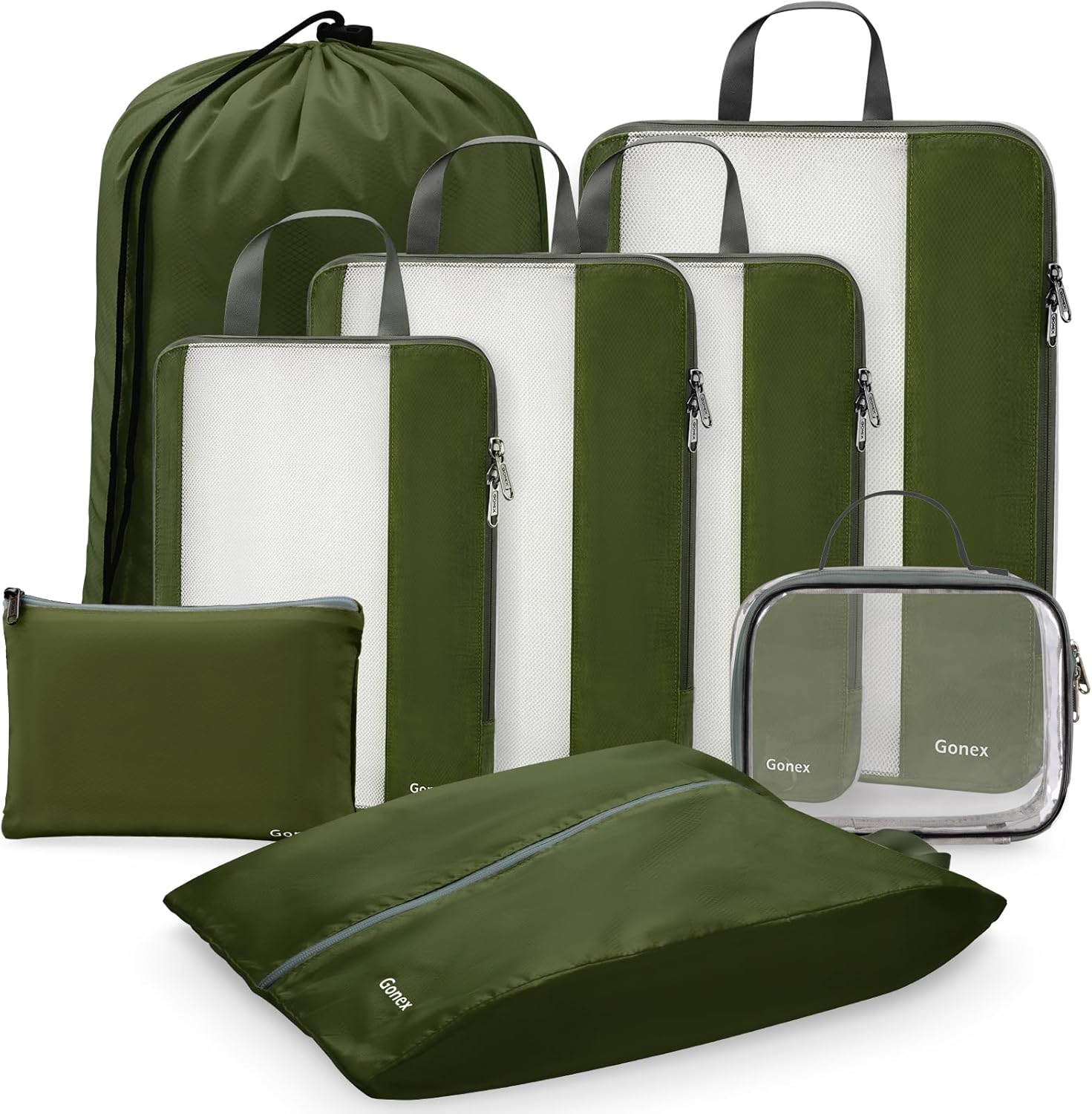Gonex 8 Set Compression Packing Cubes for Travel, Expandable Mesh Packing Organizer for Travel Accessories Essentials with Toiletry Bag, Laundry Bag, Shoe Bag, Cable Bag for Carry On, Deep Green - Image 9