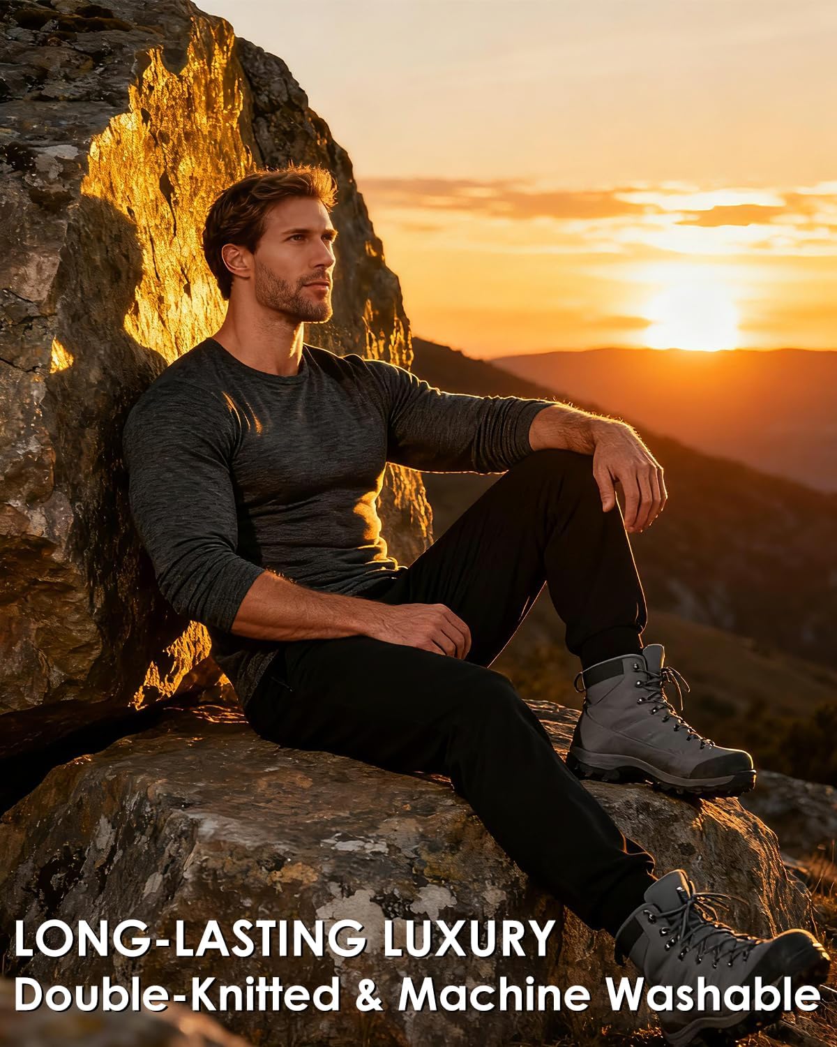 Men's 100% Merino Wool Base Layer Top, Merino Wool Long Sleeve Undershirt, Wool Thermal Shirt - Image 6