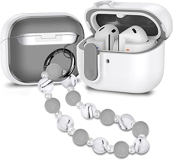 for Samsung Galaxy Buds 3 Pro Case with Secure Lock White Beads | Compatible with Samsung Galaxy Buds 3 Case with Lock Full Drop Protection with Silicone Beaded Keychain Charm for Girls Women