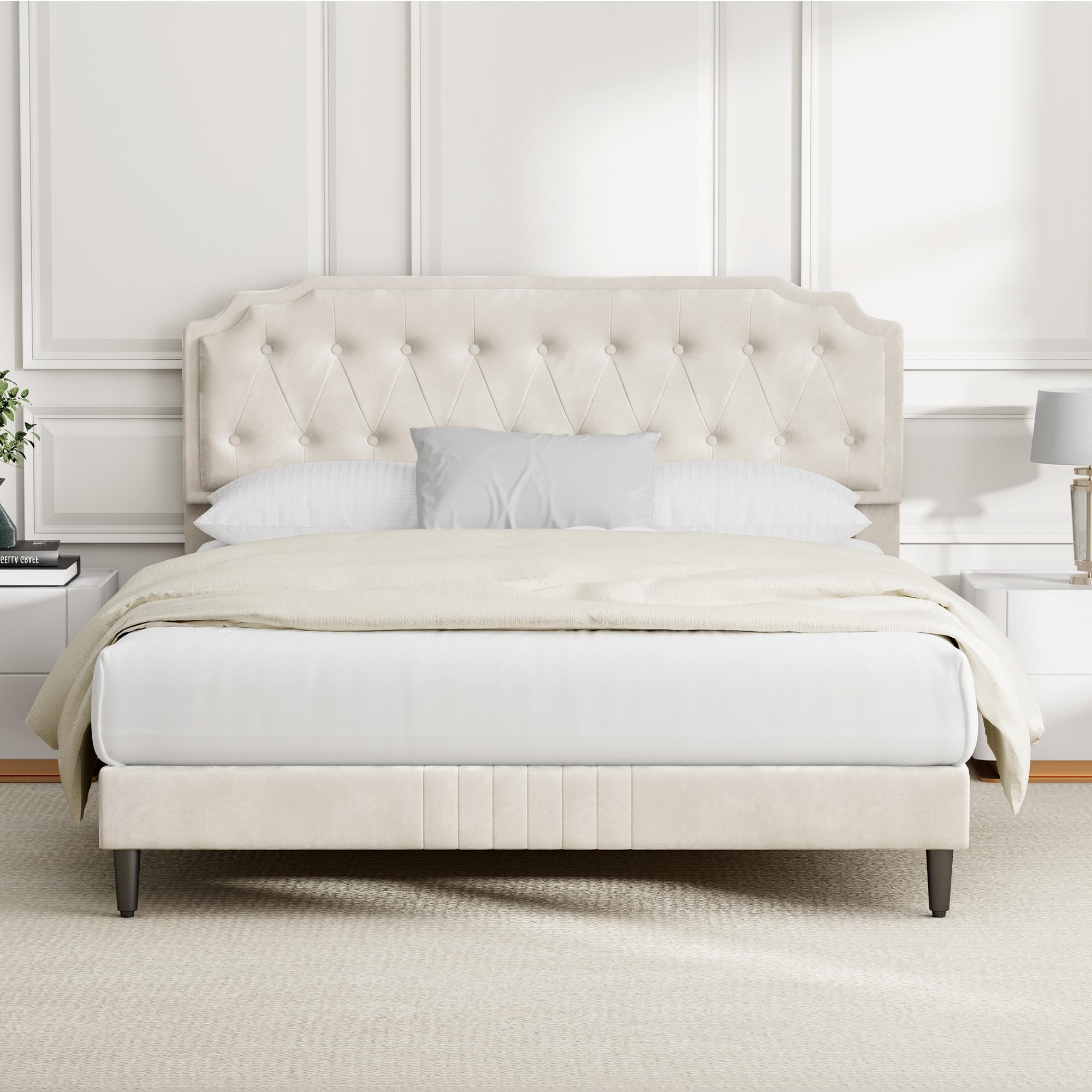 CozyLiving Super King Upholstered Bed Frame with Cozy Button Tufted Headboard & Adjustable Height, Wood Slat Support, No Box Spring Needed - CHELSEY (Beige)