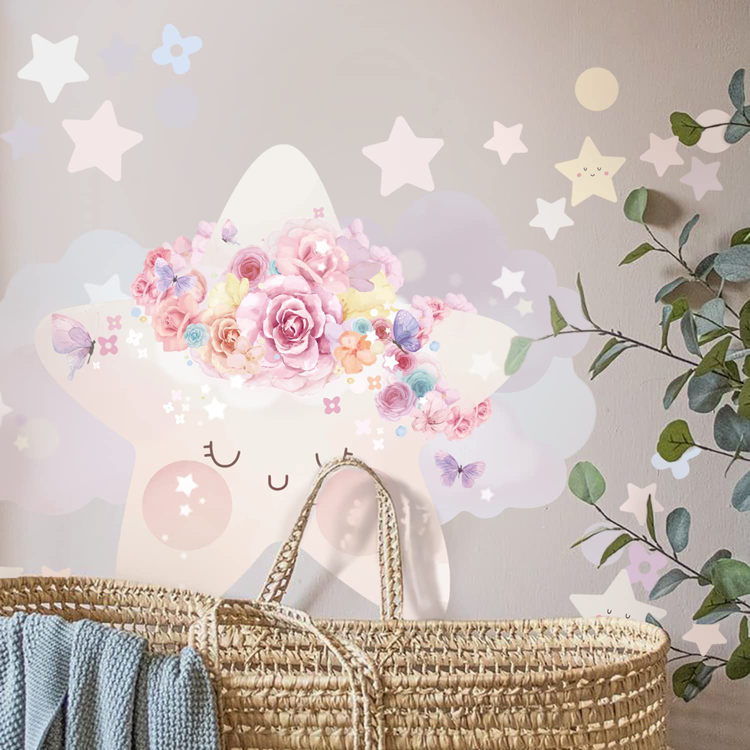Wandtattoo Rosa Mond & Wolken – 72x44 Cm, Selbstklebend, Für Baby- Und Kinderzimmer