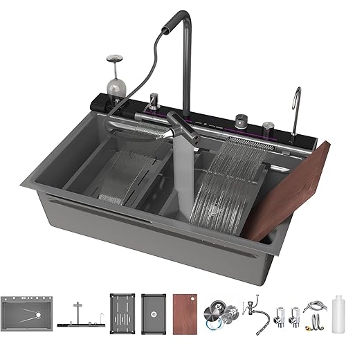 Kitchen Sink Undermount 33 x 22 inch, 304 Stainless Steel with Digital Display Waterfall Faucet,Workstation Deep Single Bowl Smart Sinks Kitchen
