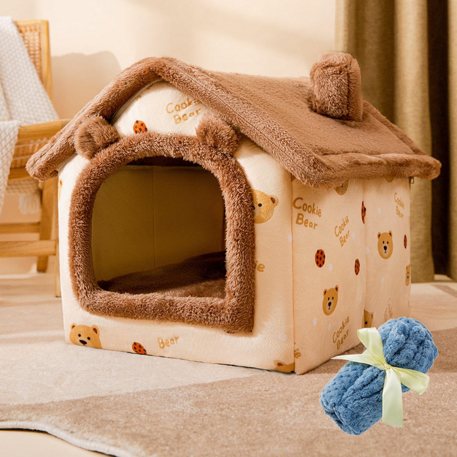 Cat House Indoor & Dog House Indoor – Cozy Enclosed Pet Nest with Blanket, Cat Condo & Dog Bed with Roof, Soft Plush, Large Space, (Brown Teddy Bear+Blanket, M:44 * 35 * 38cm(Pet Weight<6KG))