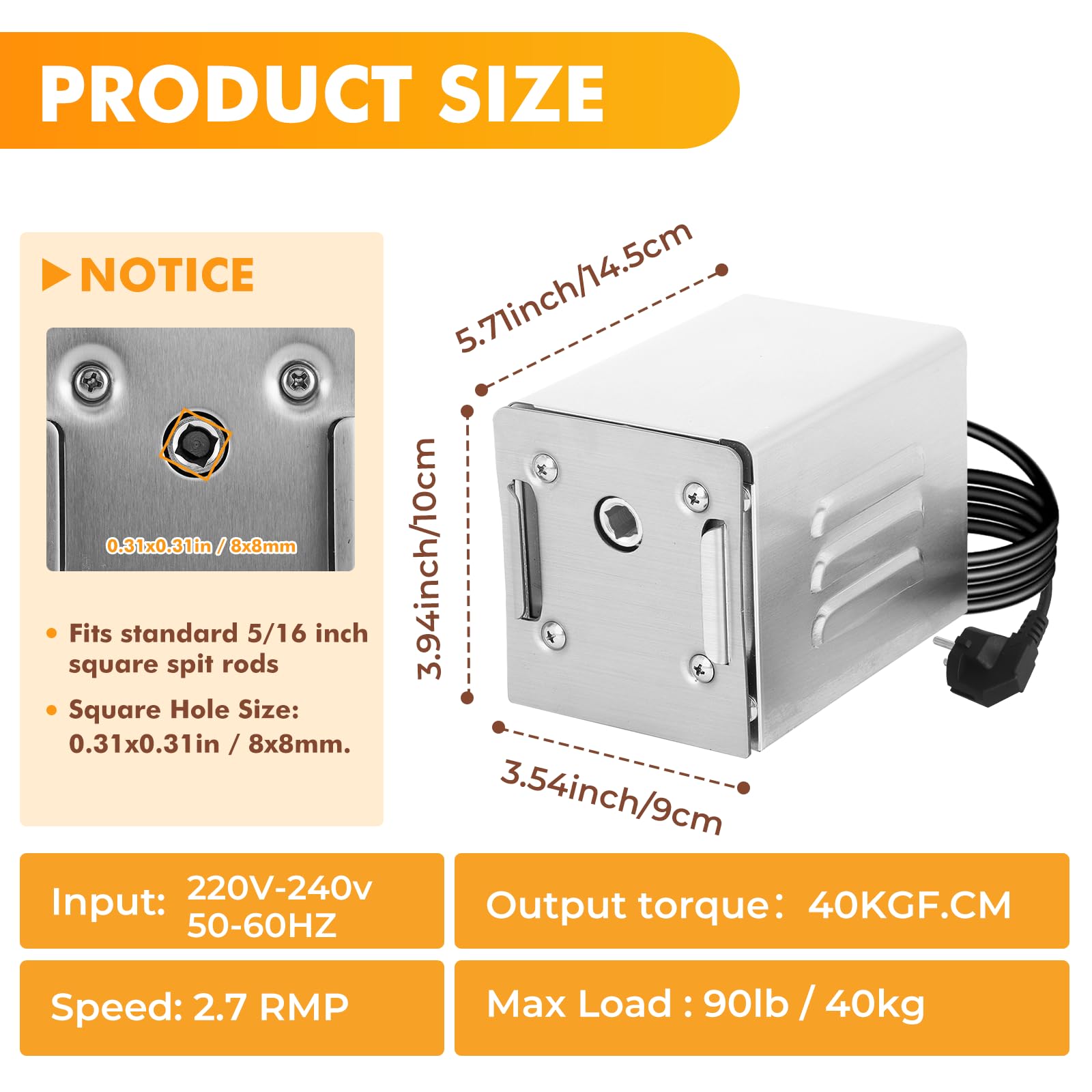 YJINGRUI Moteur de Barbecue en Acier Inoxydable, 15W 40 kg, Moteur de Gril pour Kebabs, Poulet, Porc (220V AC)