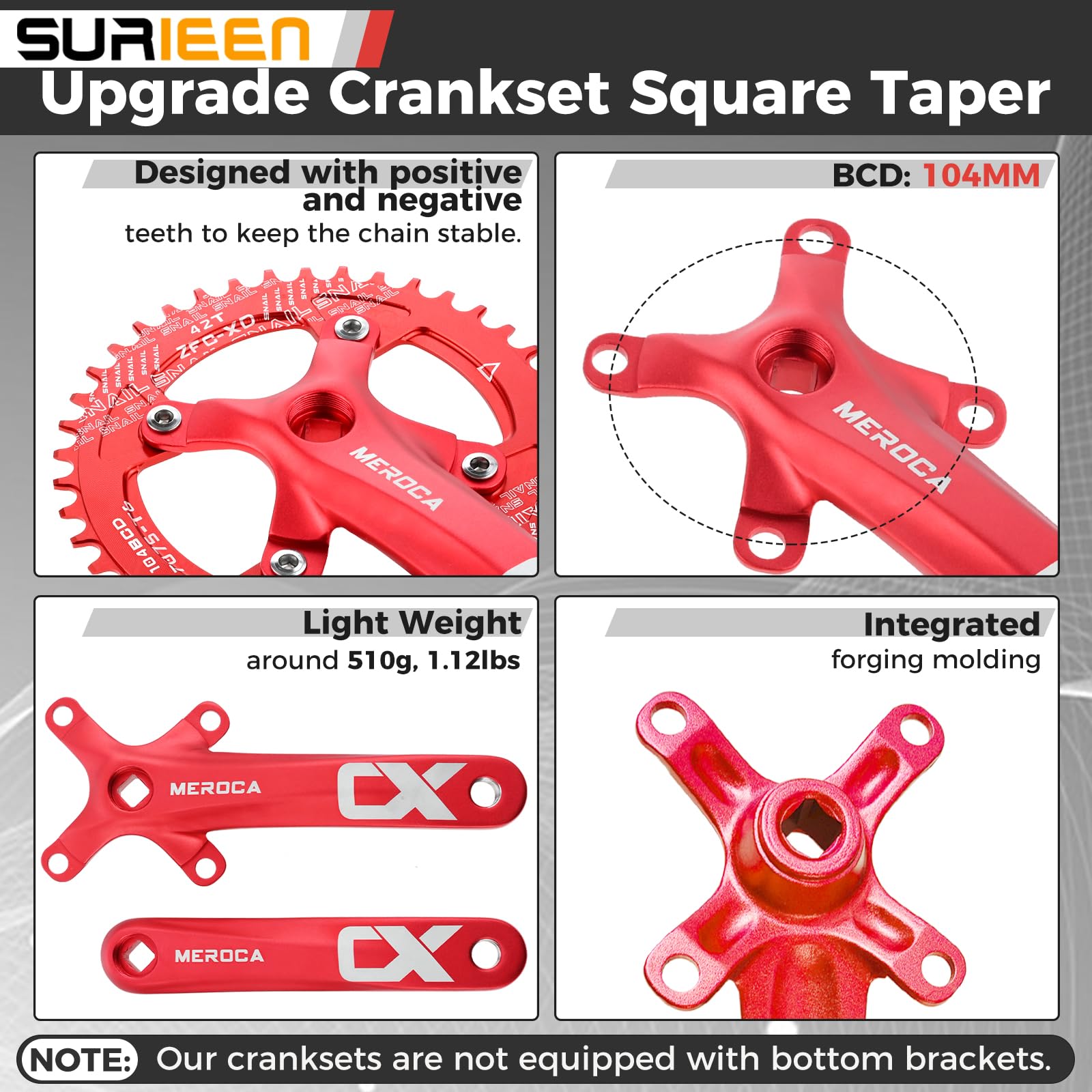 SURIEEN 42T Mountain Bike 170mm Square Crankset, Single Speed Crankset - Image 3