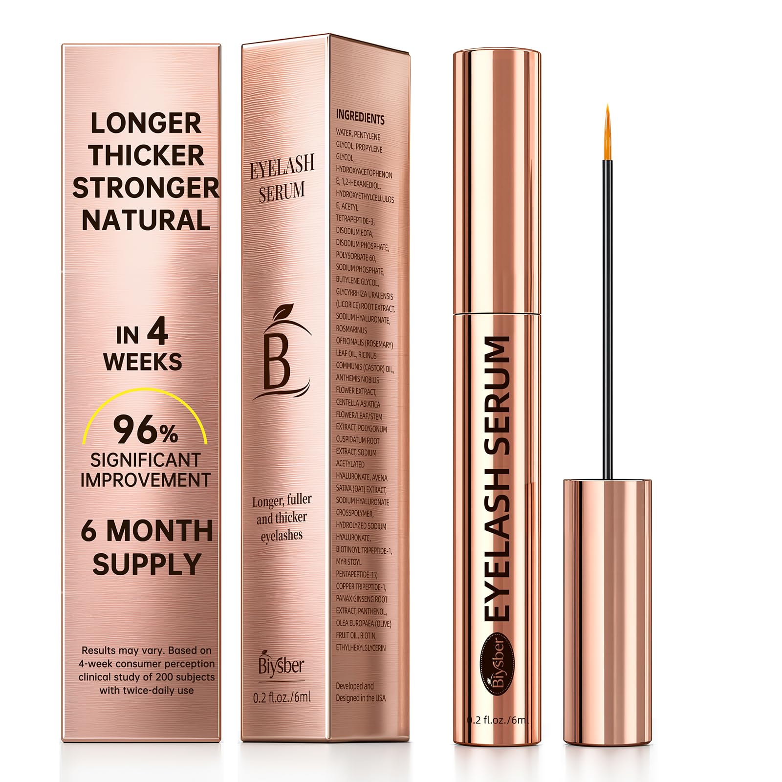 Eyelash Growth Serum with 3-Peptide Complex, Hyaluronic Acid & Botanical Extracts, Vegan Formula for Sensitive Eyes, Lash Serum for Eyelash Growth, Lash Boost for Fuller, Thicker Lashes, 6ml Copper 0.2