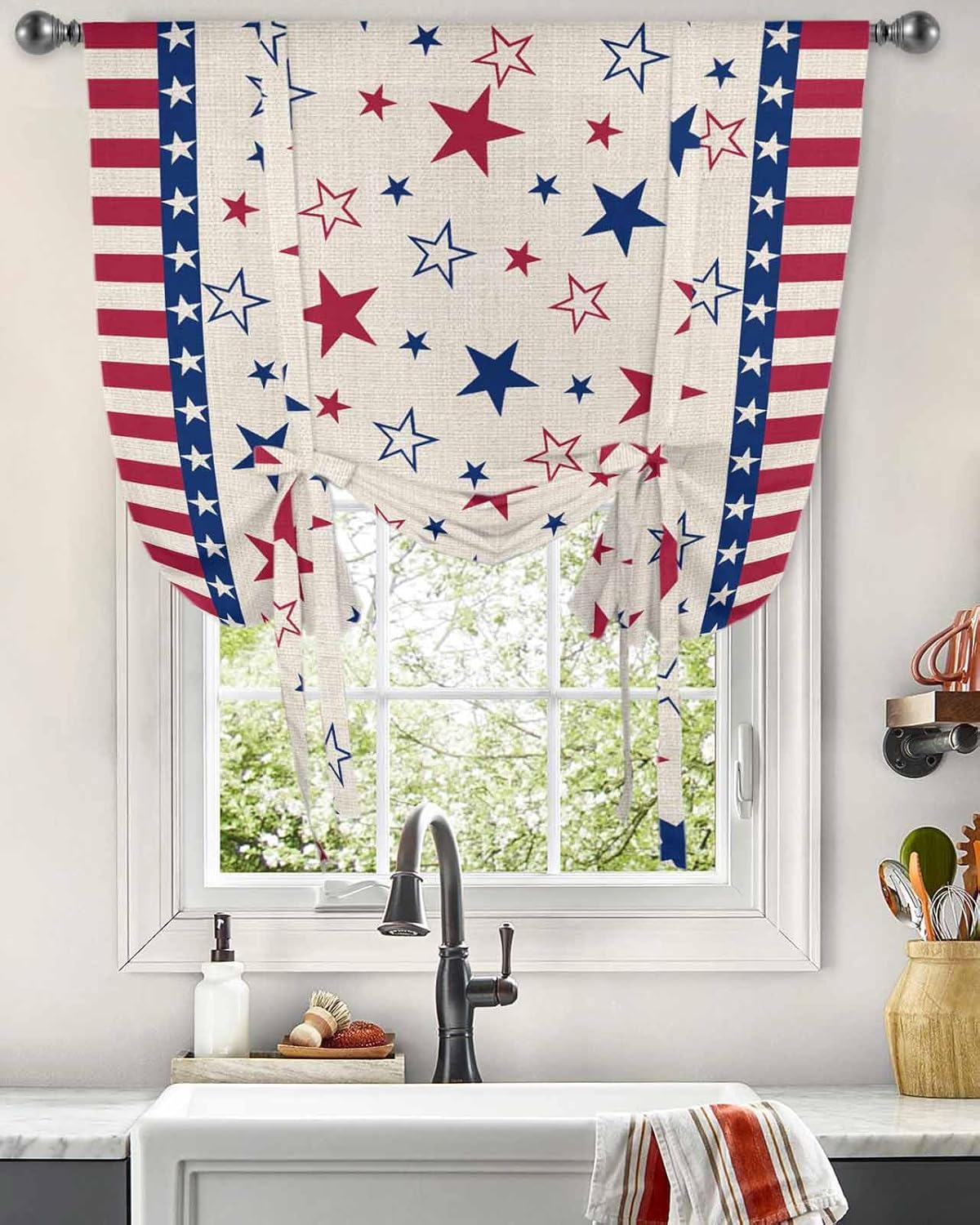 4th of July Curtains for Windows Stars Stripes on Vintage Linen Rod Pocket Window Shade Adjustable Balloon Curtain Valance Independence Day Red Blue for Bedroom Kitchen Bathroom Blinds,46x63in