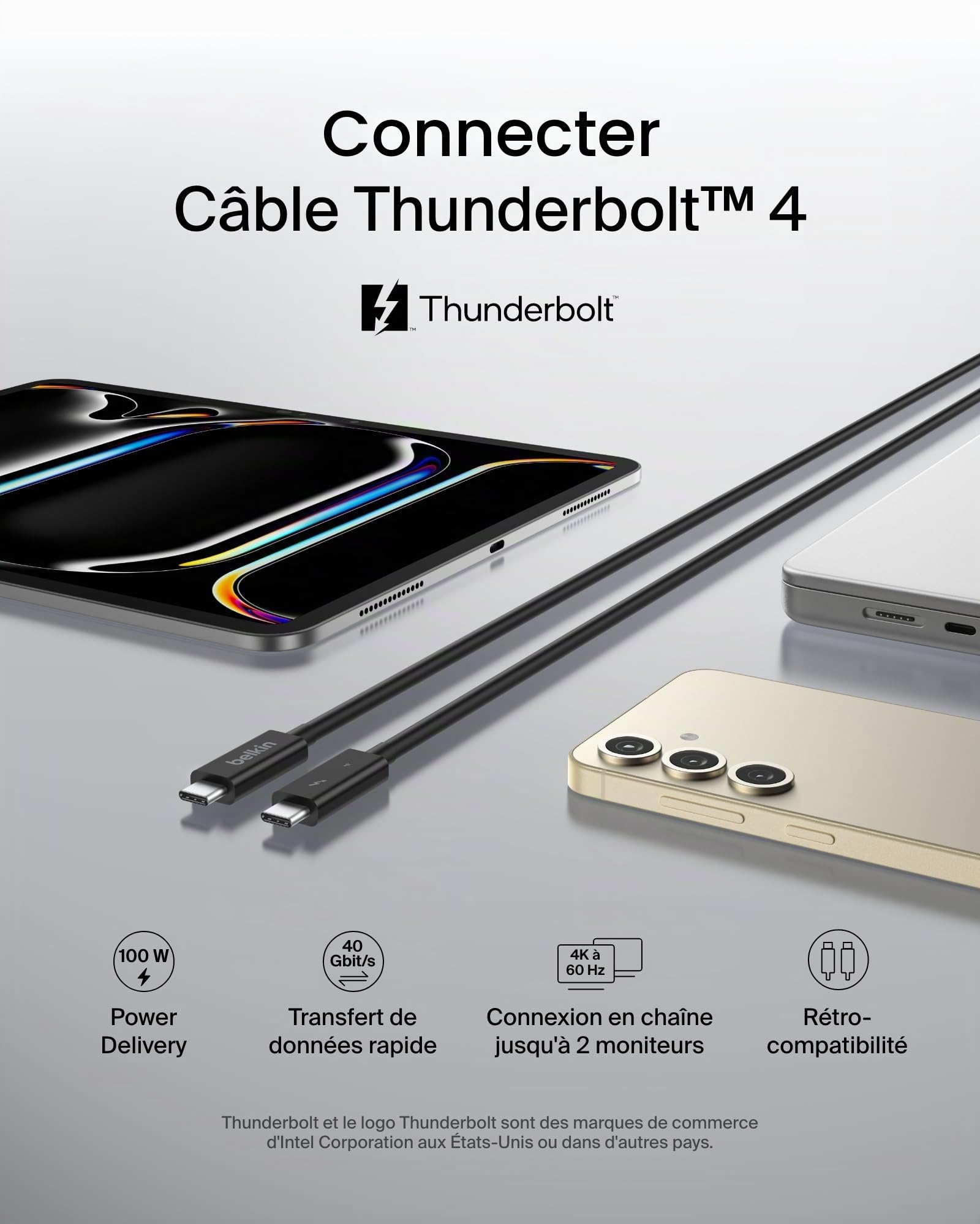 Belkin Câble Thunderbolt 4 (1 m, USB-C vers USB-C, Power Delivery 100 W, certifié USB 4, compatible Thunderbolt 3, MacBook Pro, eCPU, etc., certifié Intel Thunderbolt)