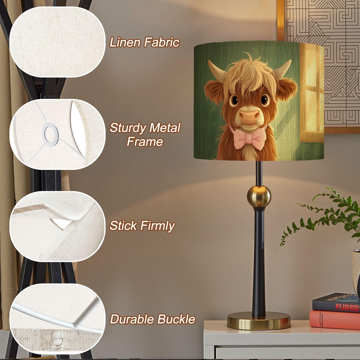 Sage Green Lampshades Farmhouse Lamp Shades set of 2 Charming Highland Cow Portrait Caramel Fur Sage Light Shade for Table Lamps Floor Lamps Drum Lamp Shades Pendant Light Shade Replacement