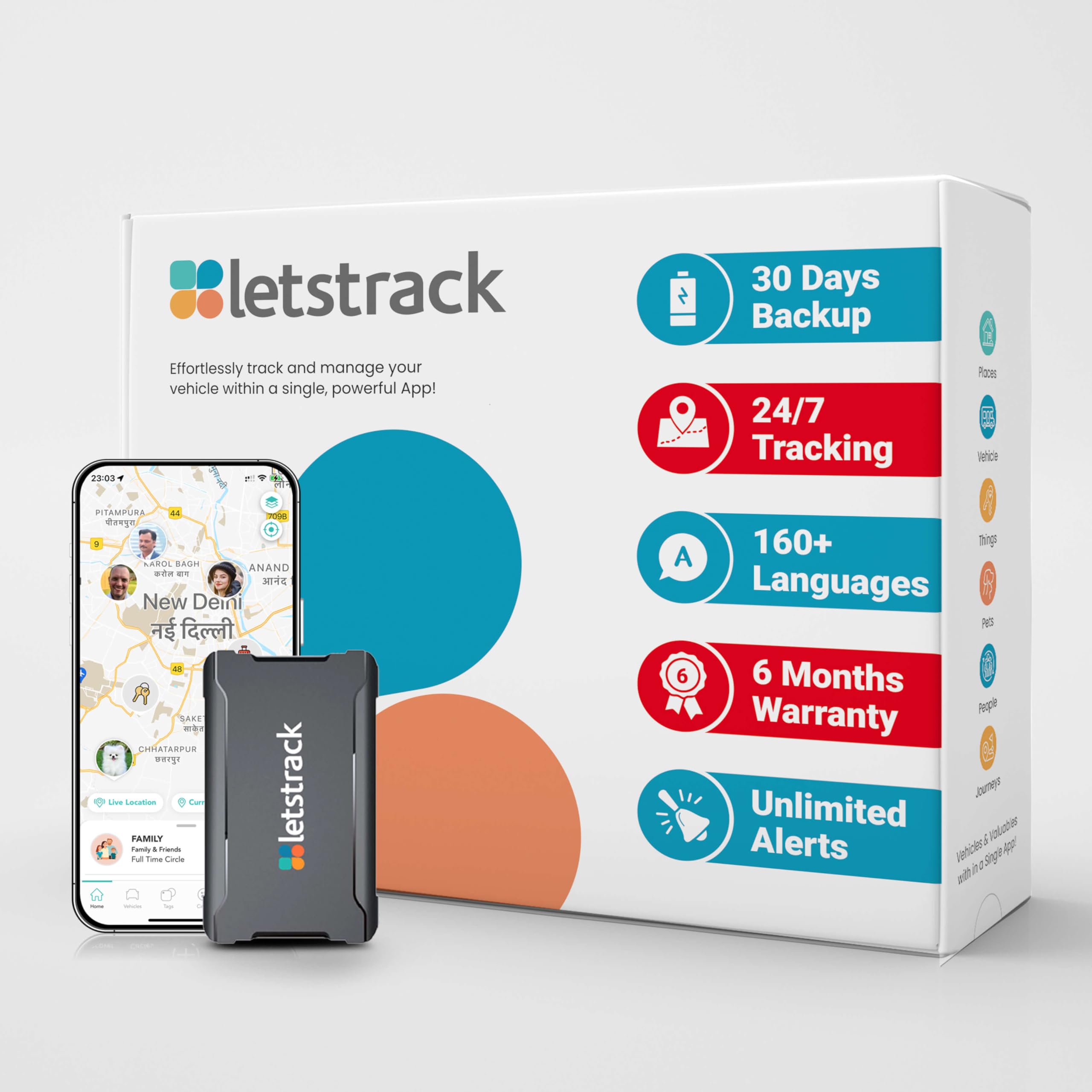 Letstrack | GPS Tracker for Personal Tracking for Kids, Vehicle & Baggage | 24 * 7 Live Tracking | Hidden GPS Tracker | (1 Month Pre-Recharged SIM Included + Mobile App) |