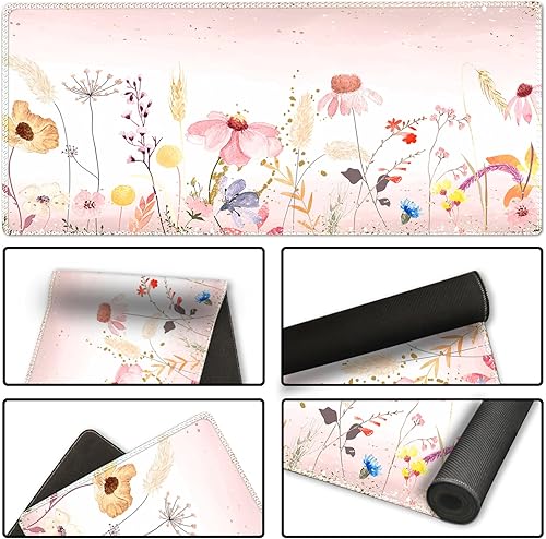 Vista 115 de ARTSO Alfombrilla de escritorio grande negra, alfombrilla de mouse para juegos XXL, alfombrilla de escritorio antideslizante con base de goma, Flor