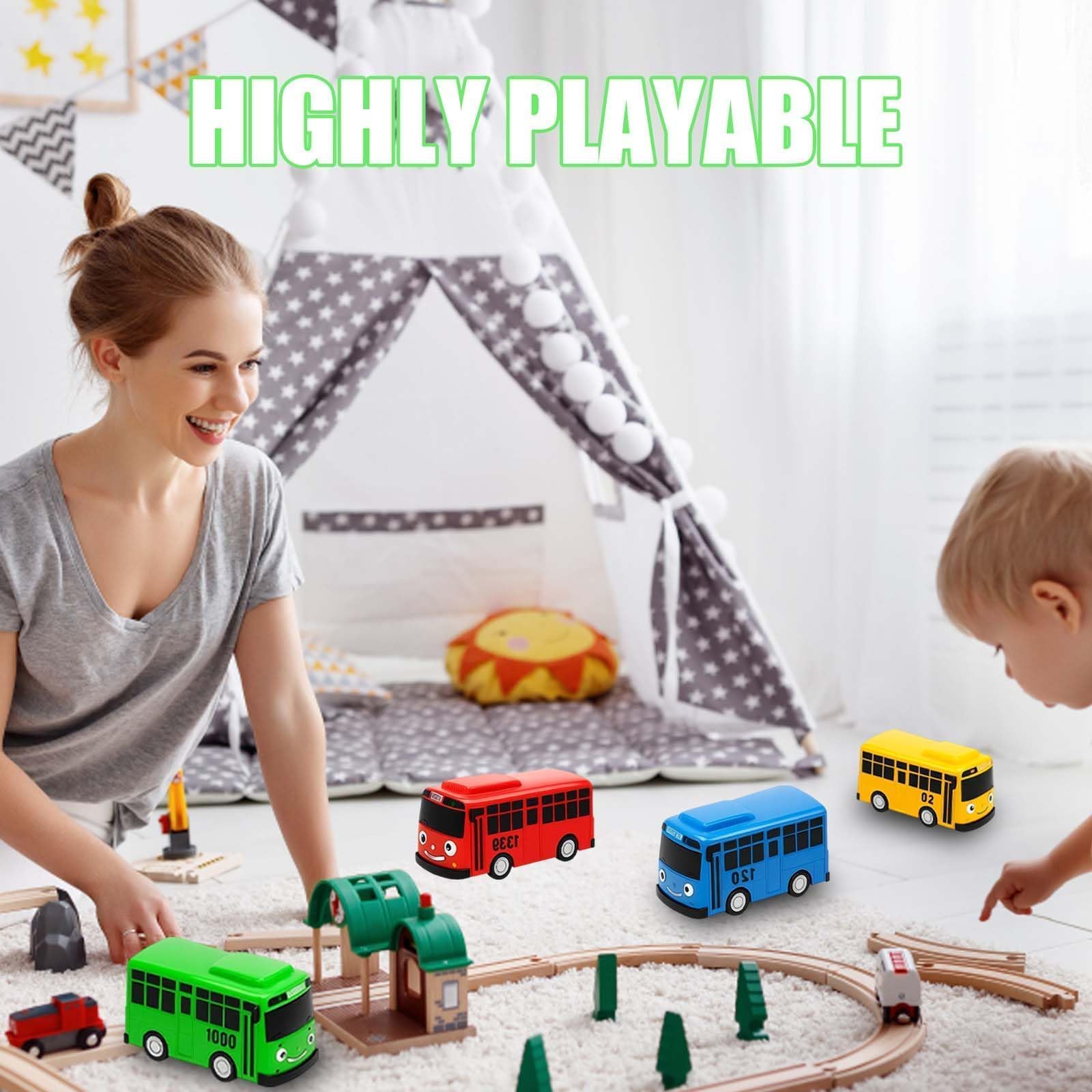 4PCS Green Bus Toy, The Little Bus Toy Set, Educational Vehicle Playset with Moving Wheels and Friendly Character Design for Kids Pretend Play and Learning — Amazon image 2