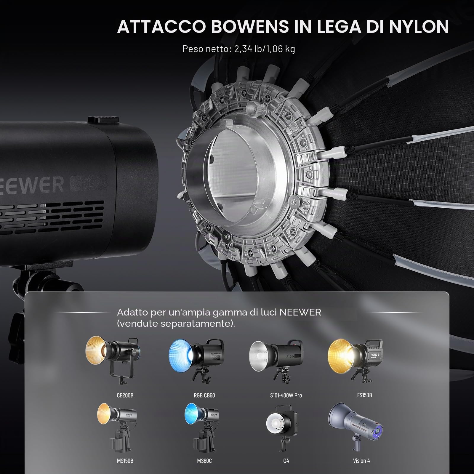 NEEWER Softbox Parabolico 22"/55cm Montaggio e Piega Rapidi, Softbox, Diffusori/Griglia/Borsa, Compatibile Con Godox Aputure 60X S 150c 300c CB60 MS60B MS60C CB200B e Altre Luci Con Attacco Bowens