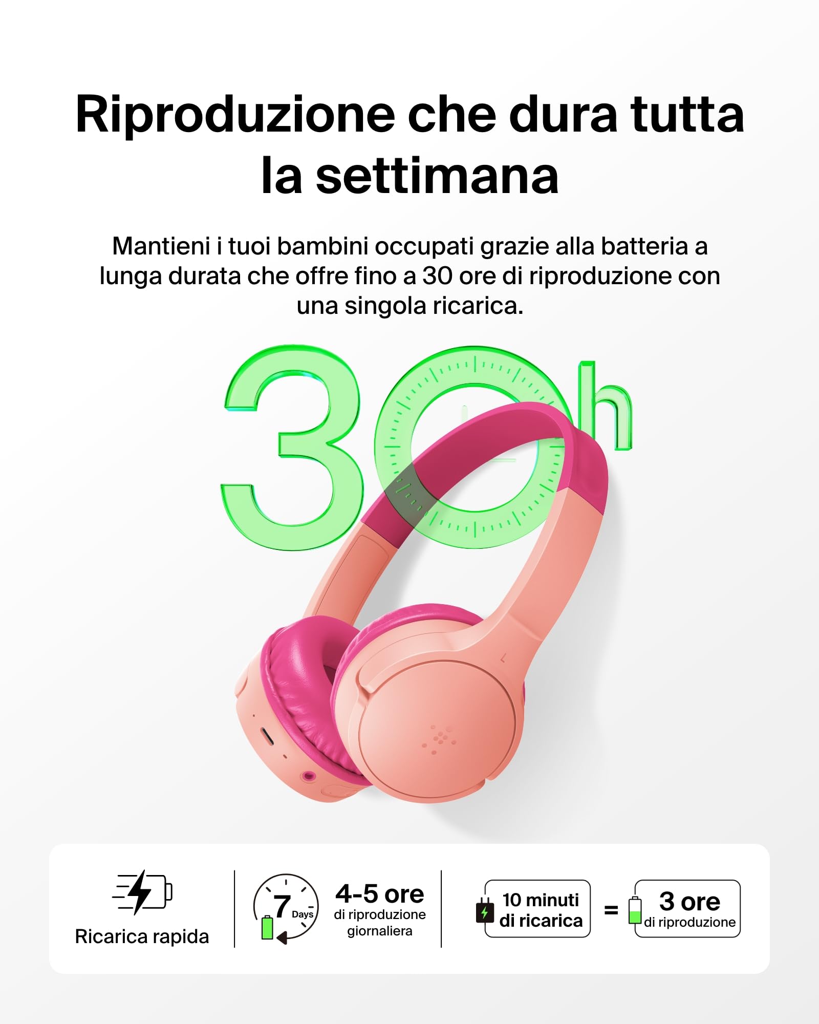 Belkin SoundForm Mini Cuffie wireless per bambini con microfono, 30 ore di riproduzione, adesivi divertenti, headset over-ear per didattica online, scuola e viaggi, per iPhone, iPad e Galaxy, rosa