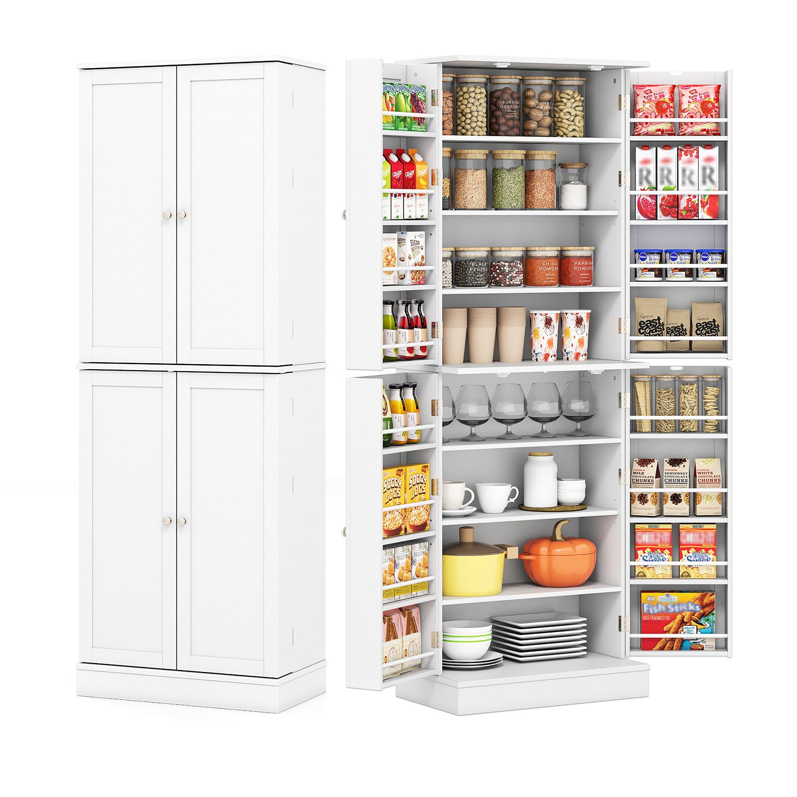 KOMFOTTEU Aparador de Cocina con 4 Puertas, Armario Despensa de 8 Niveles con Estantes Ajustables, Mueble de Almacenamiento con Kit Antivuelco para Sala de Estar, Comedor, 60 x 35 x 166,5 cm