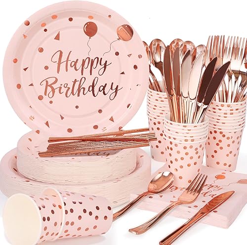 Juego de 200 piezas de decoraciones de cumpleaños de oro rosa para niñas, platos y tazas y servilletas, suministros de cumpleaños rosa para mujeres,