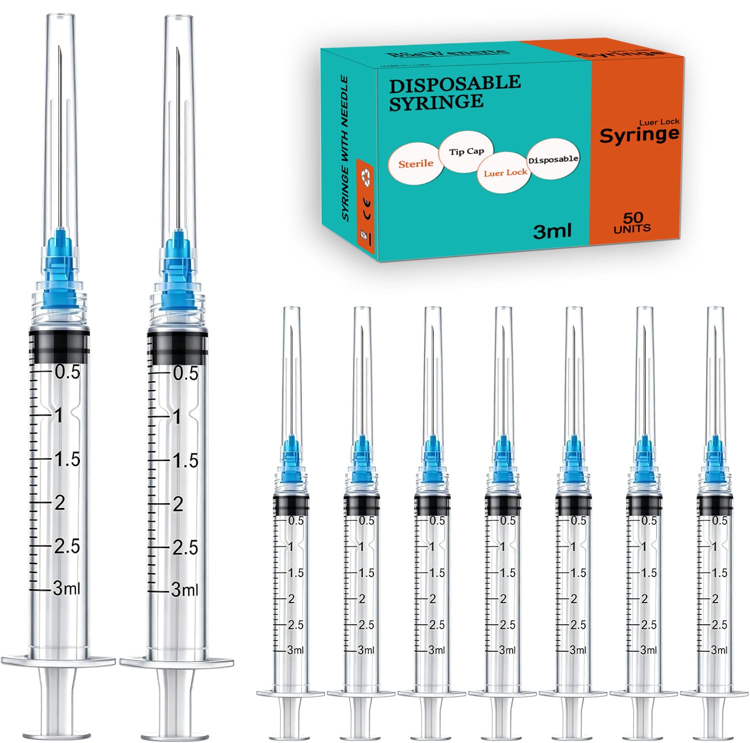 50 Pack 3ml/cc Disposable Luer Lock Lab Syringes with 23Ga 1.0 Inch Needle