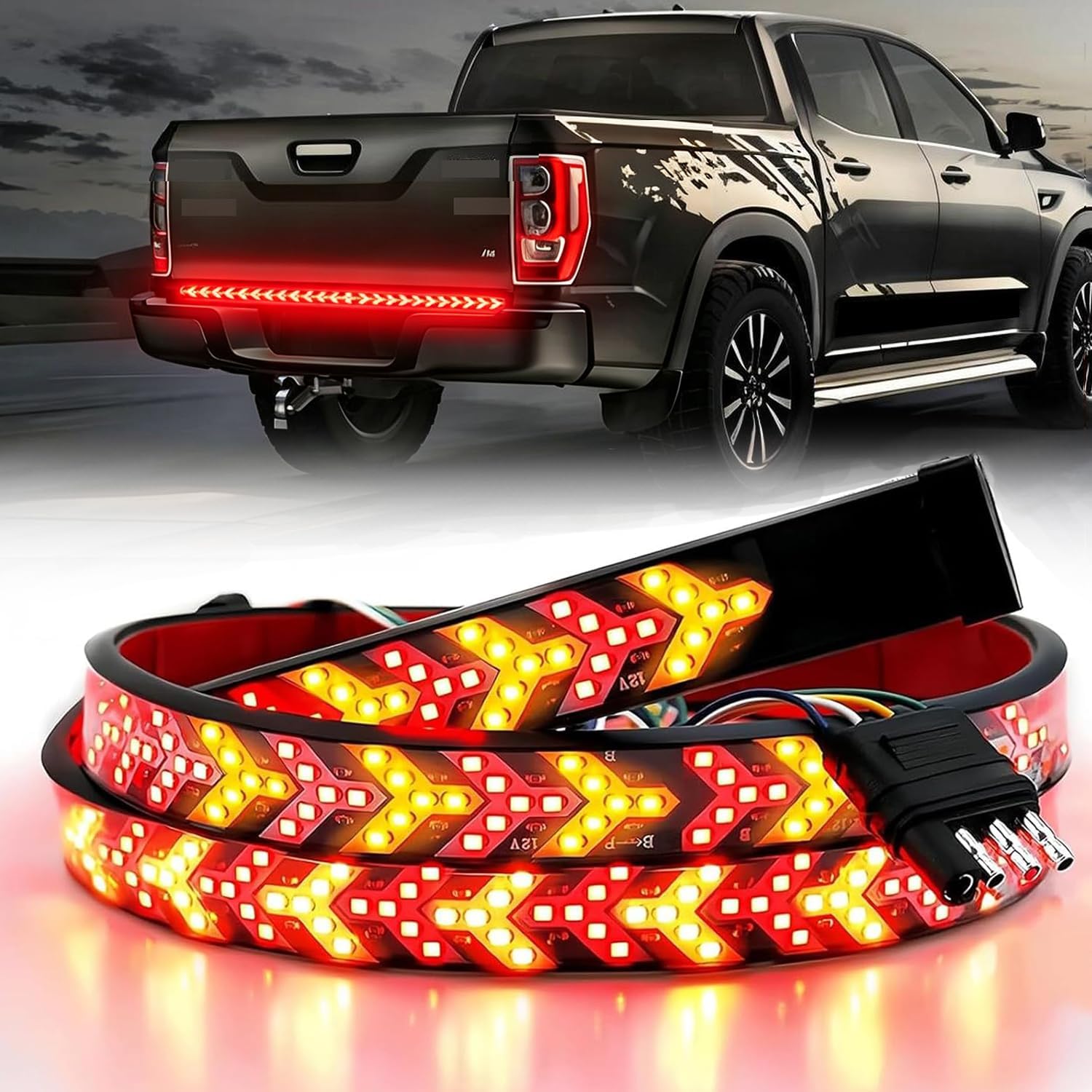 60 Inch Truck Tailgate Light Strip, Upgraded Arrow Design Dynamic Taillight bar Red & Amber Sequential Lighting with Taillight Brake Turn Signal, IP67 Flexible Tailgate Light, 60 in