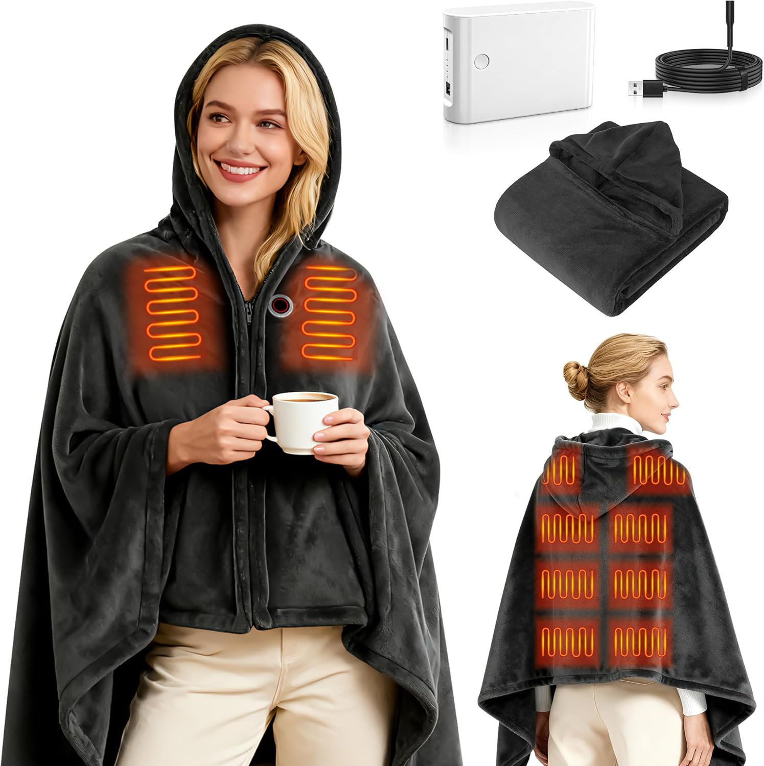 Manta térmica chal portátil inalámbrico con batería con batería recargable de 8000 mAh, manta eléctrica de 61 x 31 pulgadas con 3 niveles de