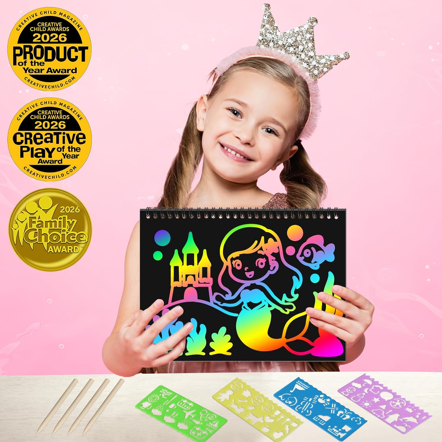 ZMLM Scratch Paper Art Craft: 2 Pack Rainbow Scratch Set for 3 4 5 6 7 8 9 10 Years Old Girls Boys Students Drawing Coloring Black Magic Art Supplies Kits Gifts School Birthday Party Toys (Mermaid) image 2