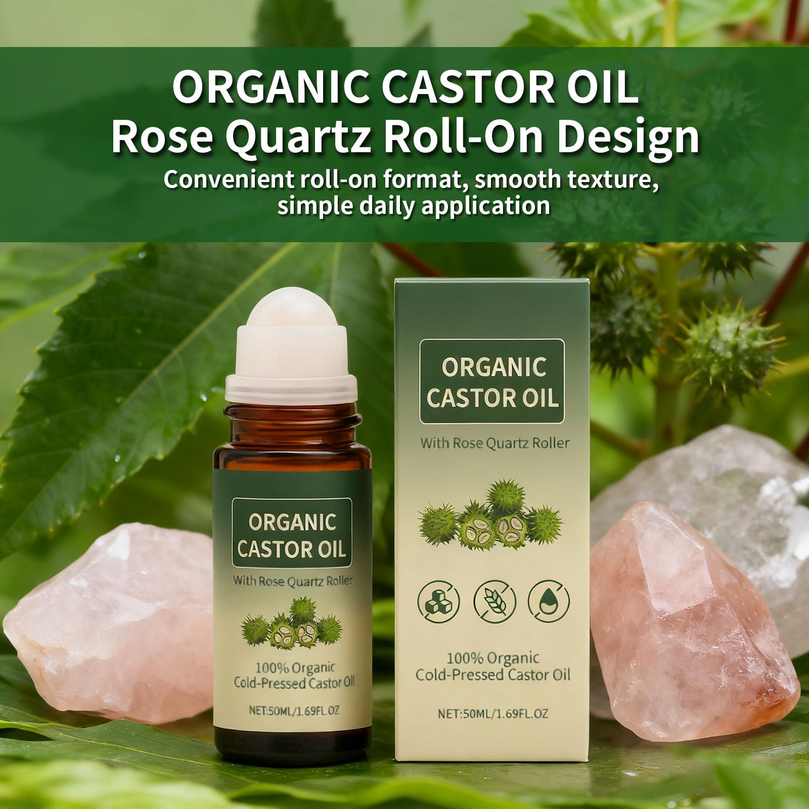 Organic Castor Oil Roll-On with Rose Quartz Roller for Skin, Brows & Lashes