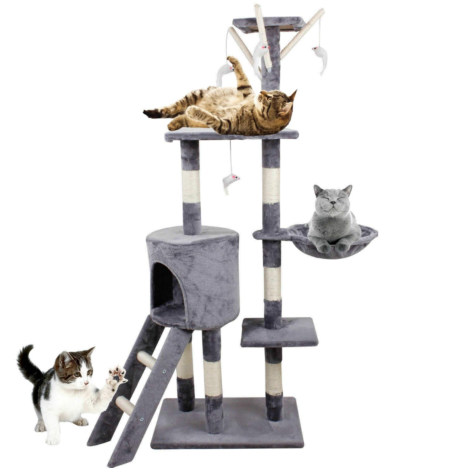 Albero tiragraffi per gatti, centro attività, torre da arrampicata, 140 cm, con sisal di alta qualità, accogliente casa per gatti di appartamento, giochi e riposo, grigio