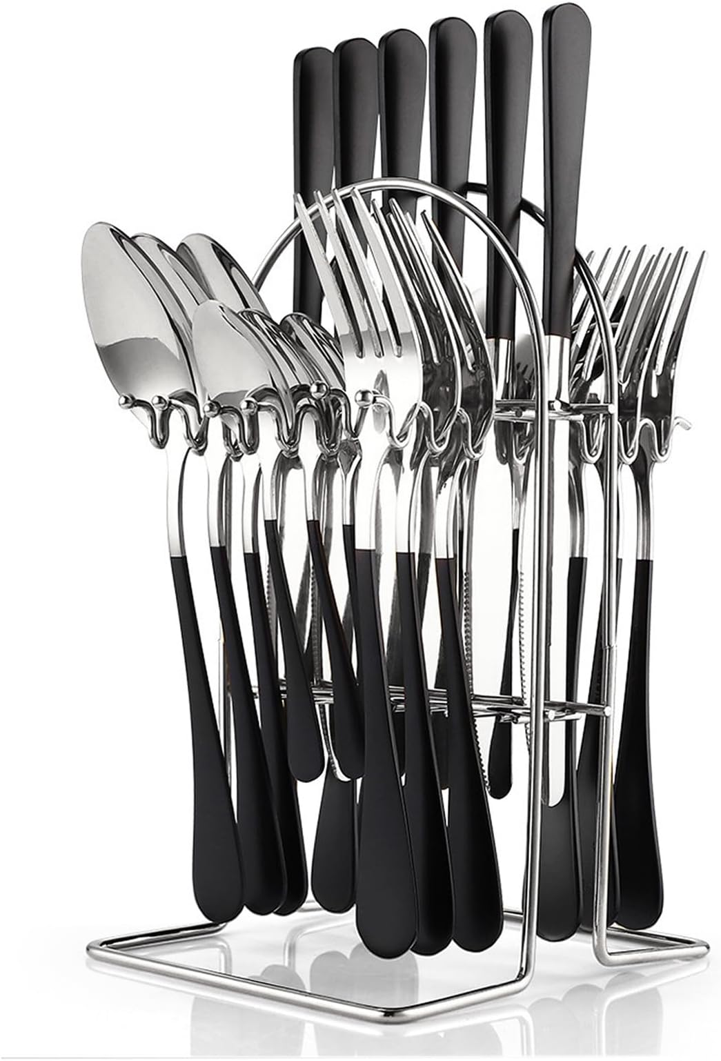 24 Pieces Flatware Set, Stainless Steel Cutlery Set with Silverware Holder, Spoons Forks Knives Set,Hanging Silverware Set Service for 6,Durable Stainless Steel Utensils Set (Black)