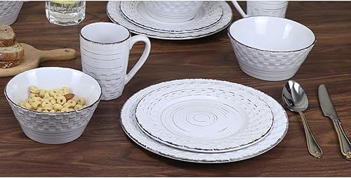 Miniatura 4 de MISC Home - Juego de vajilla de 16 piezas de tejido envejecido, color blanco y blanco, sólido, informal, de gres para granja, apto para microondas