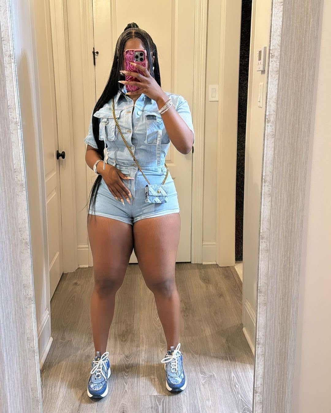 Molilove Women's Denim Romper Short Sleeve Button Down Bodycon Jean Jumpsuit with Pockets Summer Outfits - Image 3