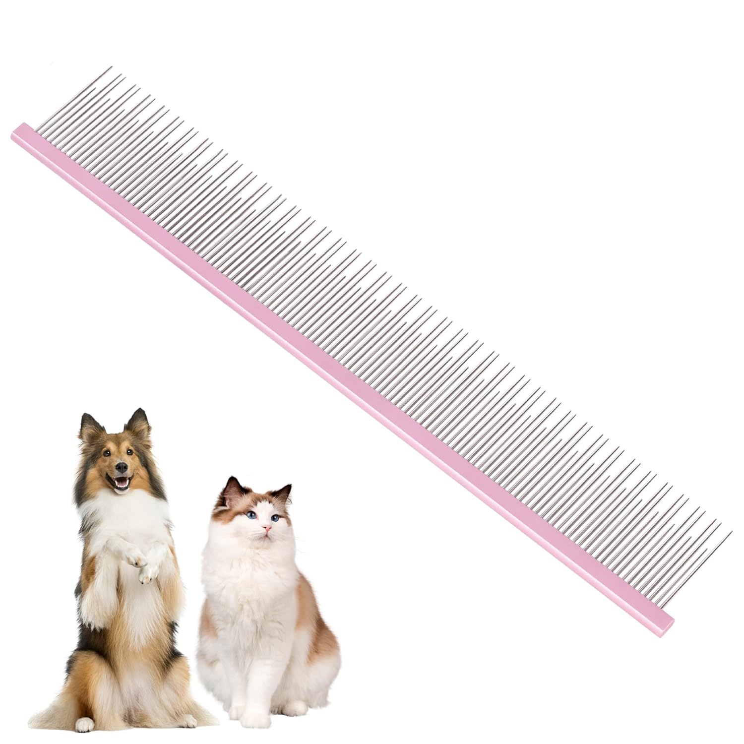 SUSOOK 8.5" Pink Professional Pet Grooming Comb for Long-Haired Cats & Dogs - Anti-Static Dual-Tooth, Rounded Tips, Painless Detangling