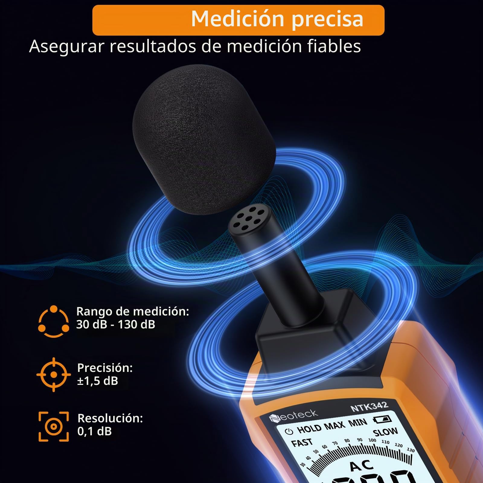 Neoteck Medidor Decibelios 30-130dB Medidor Portátil db con Ponderación A/C Sonometro con Pantalla Retroiluminada Blanca,MÁX/MÍN,Retención de Datos Sonometro para Hogar Oficina Fábrica