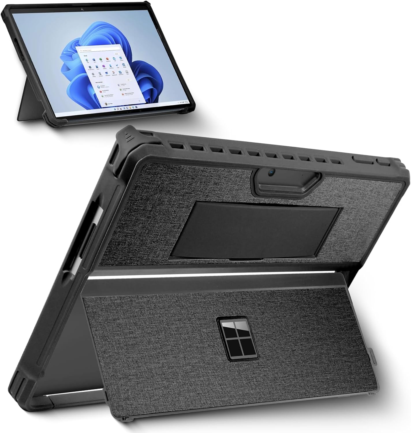 Case for 13 Inch Microsoft Surface Pro 9 / Pro 9 5G Protective Rugged Cover Case, with Hand Strap, Bracket Protection, PU Leather appliqué Compatible with Type Cover Keyboard, Black