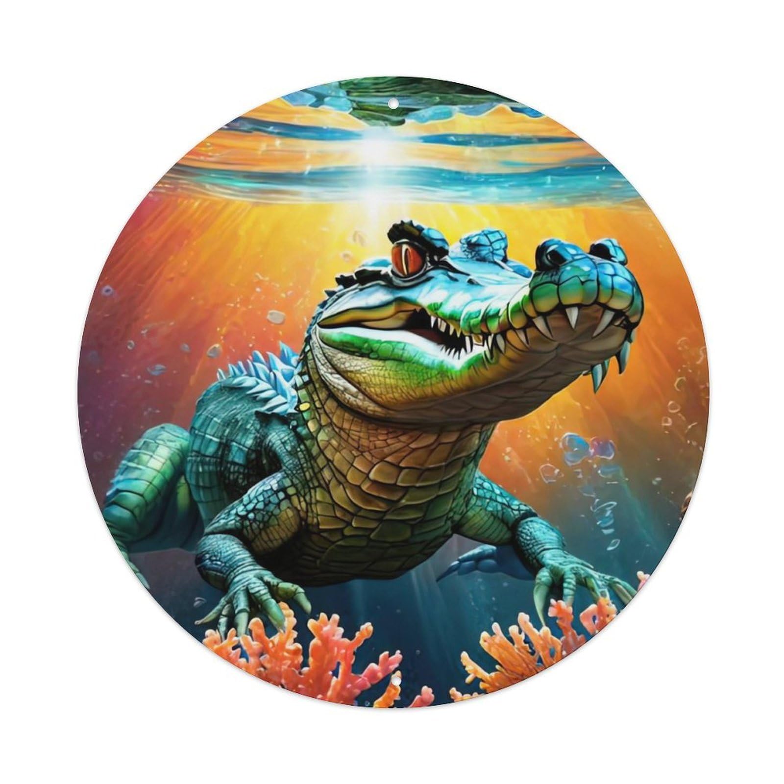 Animal Artwork Fierce Crocodile Vintage Metal Tin Sign Plaque Wall Decor for Cafe, Club, Garden Round Metal Poster 8x8Inch
