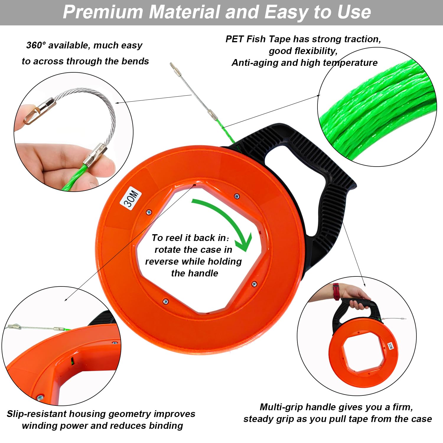 Sonda Passacavi Professionale Sonda Spiralata Elettricista 30m Sonda Tiracavi Cavo con Molla Di Guida Kit di Strumenti Estrattore Cavi per l’ installazione di Cavi Elettricista in Caso di Plastica