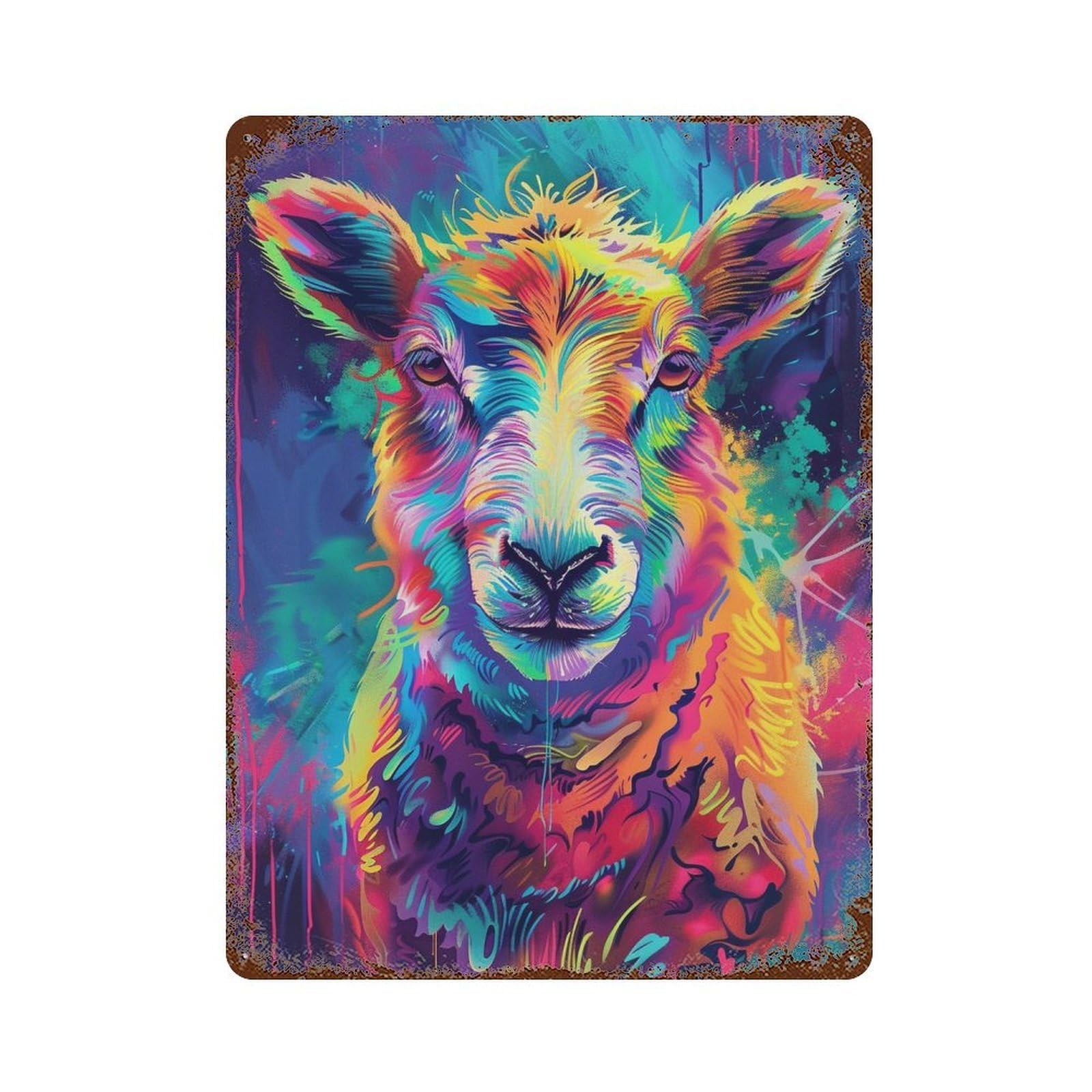 Distressed Metal Wall Sign Colorful Sheep Art Print-3 15.7"x11.8", Old School Wall Decor for Bistro, Counter And Cafe Decor