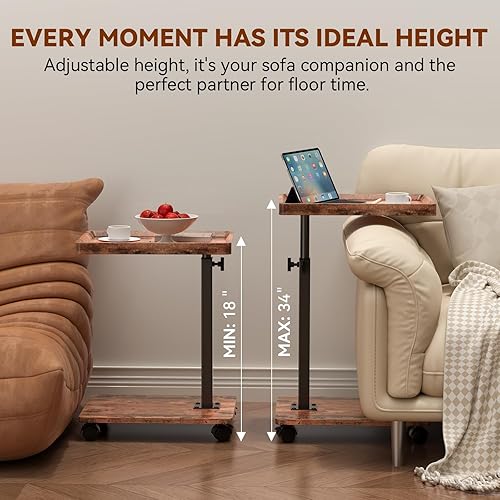 Miniatura 3 de Mesa auxiliar de mesa C de altura ajustable, mesa giratoria de 360° con ruedas, mesa pequeña para comer, cena, mesas auxiliares en forma de C, sala