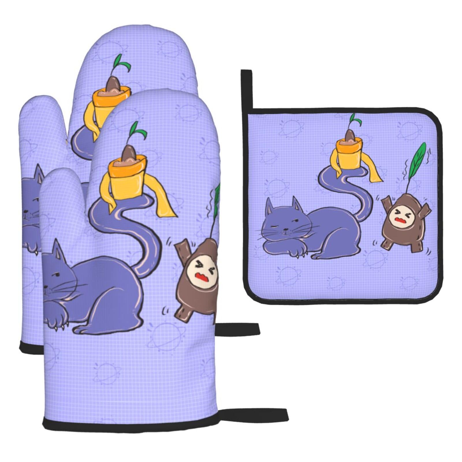 Sunflower seeds and cats Oven mittens and oven mitts three-piece set suitable for oven, grilling, baking, microwave and home cooking.