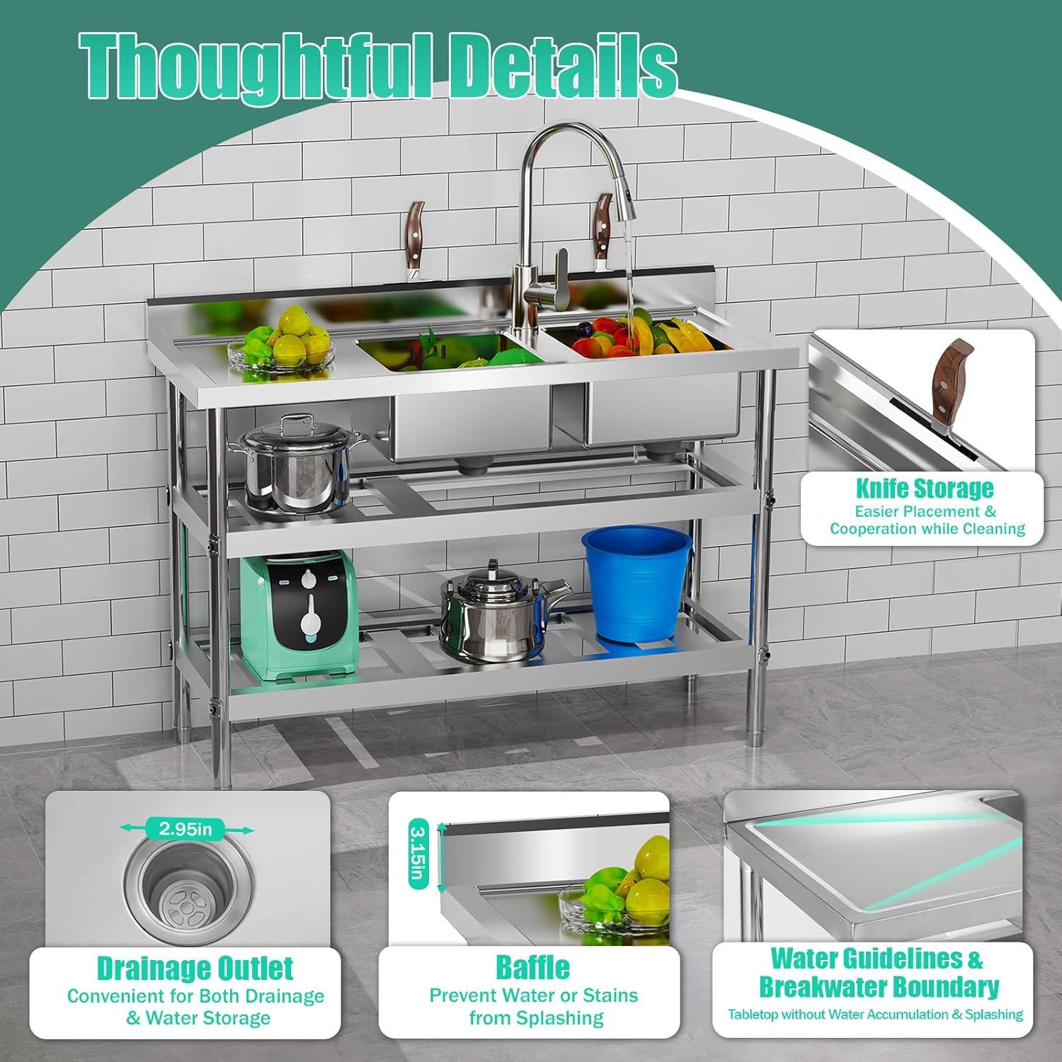 201 Stainless Steel Utility Sink, 2 Compartment Free Standing Commercial Kitchen Sink Freestanding Kitchen Prep Counter Utility Sinks with Faucet & Drain Pipe for Restaurant Bar Hotel Cafe Home