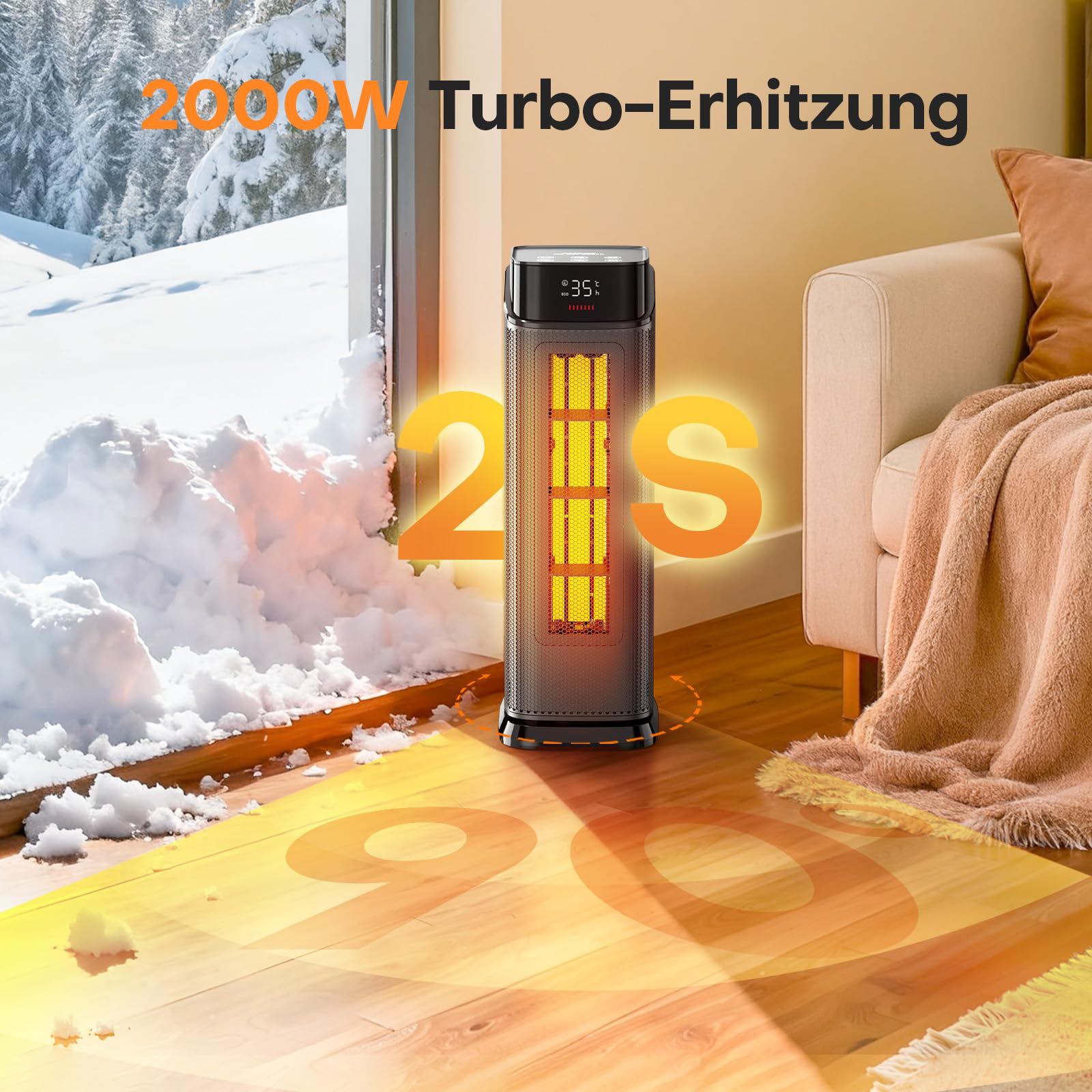 PTC Heizlüfter für Zuhause, Überhitzungs Kippschutz, Schwarz, 2000W | Thermostat und 90° Oszillation, Fernbedienung und 24-Stunden-Timer, ECO-Modus, leise 37 dB, Aufheizen in 2 Sekunden
