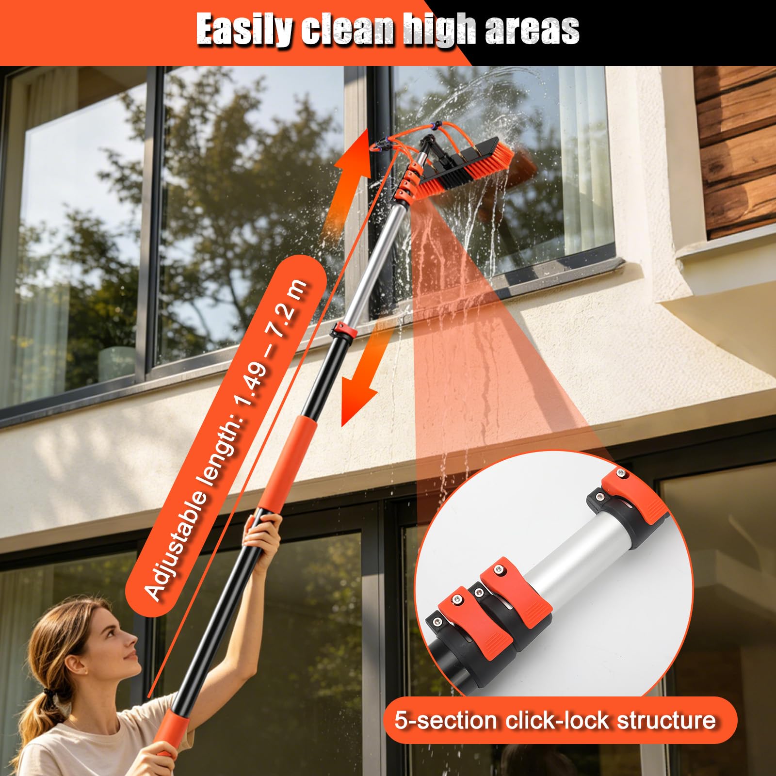 Kit Pulizia Pannelli Fotovoltaici 7,2 m 3 in 1 Spazzola Lavaggio Telescopica con Attacco Acqua, Asta Telescopica con Spazzola per Finestre, Tettoie, Camper, Pannelli Solari
