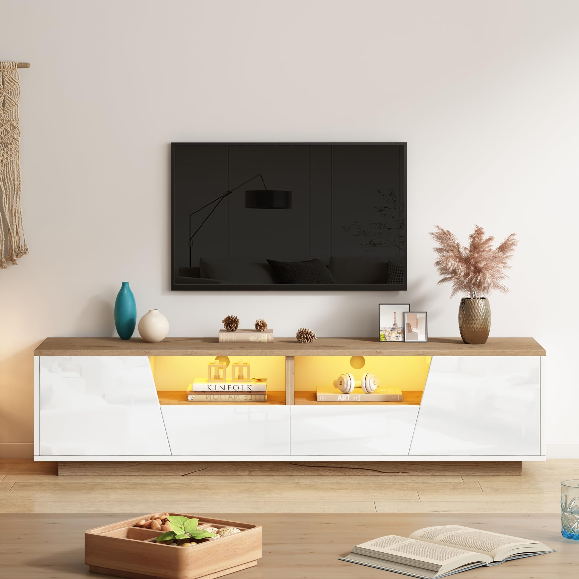 MURUL Armadio per TV, 180 x 40 x 46 cm, con 2 cassetti e 2 armadi, con LED, per TV e TV da 75 pollici, bianco + colore legno