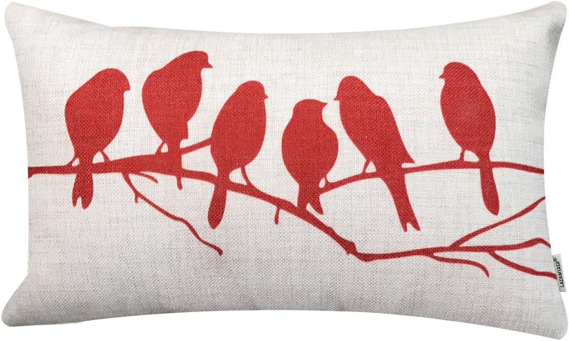 LAZAMYASA Fresh Animal Style Beautiful Rustic Birds Cotton Linen Blend Printed Cushion Cover Cotton Couch Throw Pillow Case Sham Pillowcase 12x20in,Red